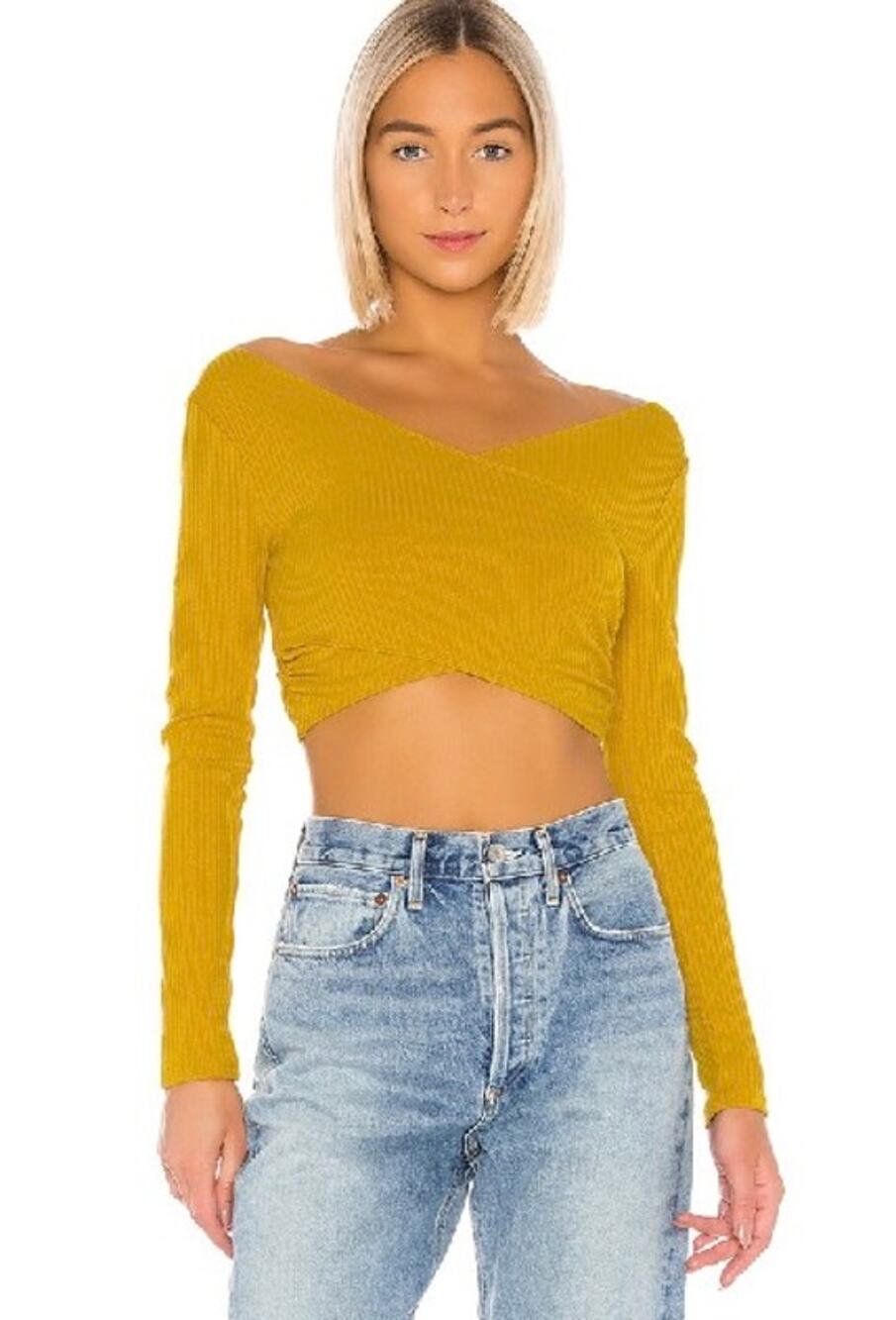 NEW Lovers + Friends Everly Top Ribbed Knit Crop Double V-Neck Mustard Yellow Lg